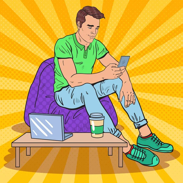 Pop Art Man Texting on Smartphone on Coffee Shop. Vector illustration — Stock Vector