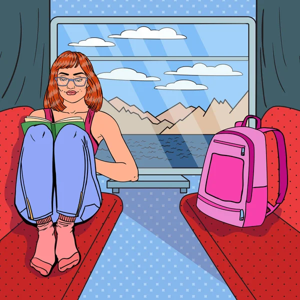Поп-арт Молодая женщина читает книгу в поезде. Время путешествовать. Векторная иллюстрация — стоковый вектор
