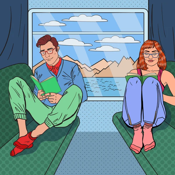 Pop Art Young Man and Woman Traveling by Train and Reading Books. Vacanţe de vară. Ilustrație vectorială — Vector de stoc