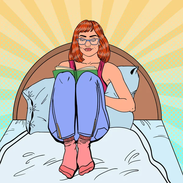 Pop Art Jeune femme Livre de lecture au lit. Détente à la maison. Illustration vectorielle — Image vectorielle