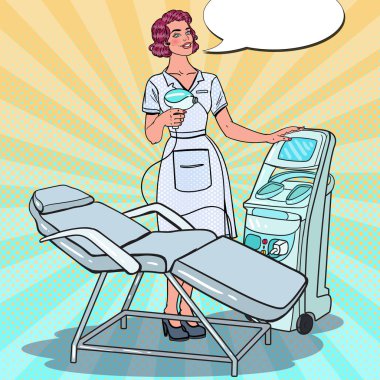 Professional Skin Treatment Beauty Clinic. Pop Art Cosmetologist with Laser Removal Machine. Vector illustration clipart