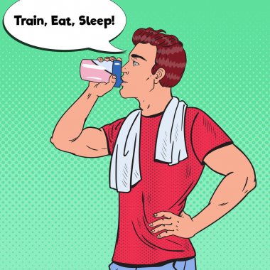 Protein içeceği içme sanatı Bodybuilder adam baba. Beslenme takviyeleri