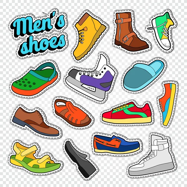 Mens Fashion Doodle. Male Footwear Stickers, Badges and Patches with Sneakers, Boots and Shoes. Vector illustration — Stock Vector