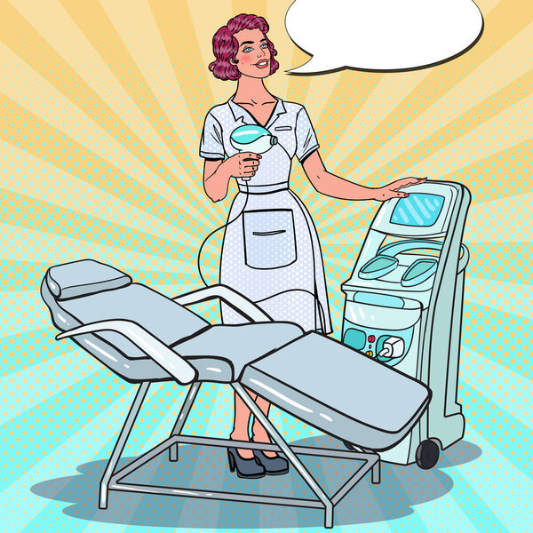 Professional Skin Treatment Beauty Clinic. Pop Art Cosmetologist with Laser Removal Machine. Vector illustration