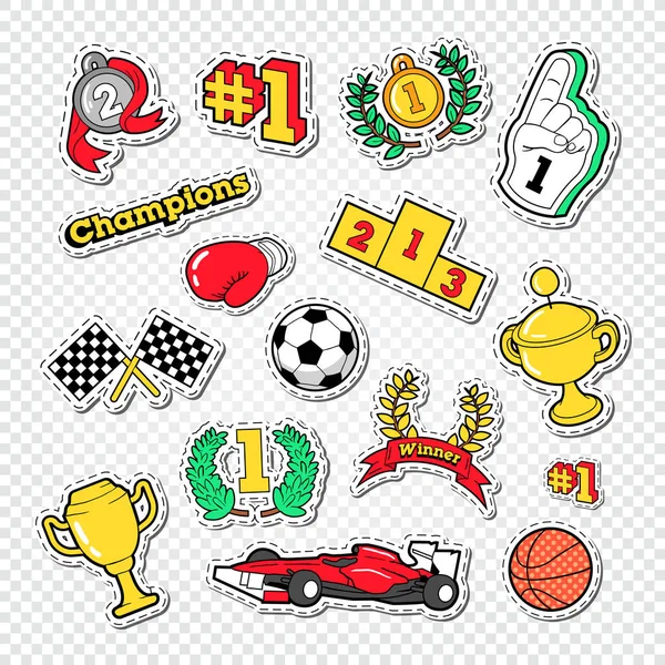 Sport succes Trophy winnaar Stickers Set met Podium, medailles en Awards. Vectorillustratie — Stockvector