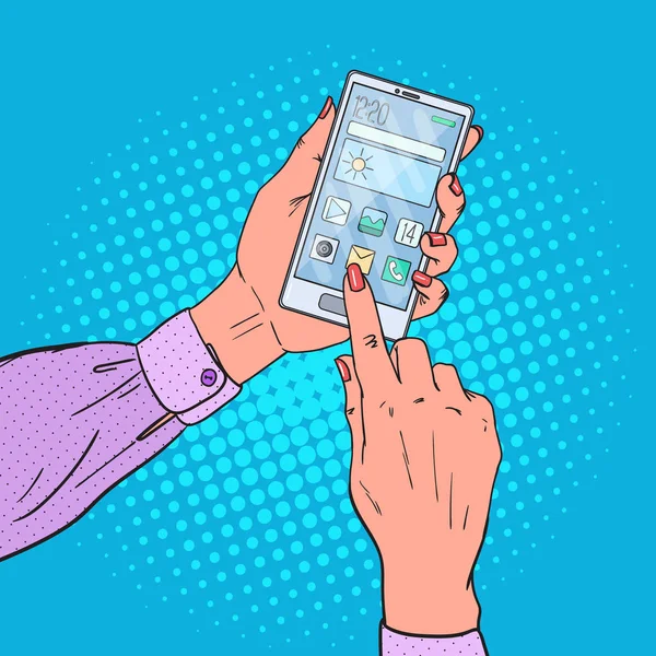 Pop Art kadın ellerini kullanarak akıllı telefon. Mobil teknolojiler. Vektör çizim