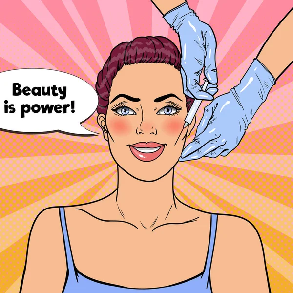Pop Art Jeune femme obtient beauté injection faciale. Clinique de cosmétologie en chirurgie plastique — Image vectorielle