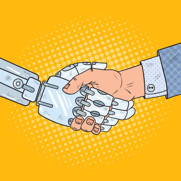 Pop-Art obchodní Robot a lidské Handshake. Technologie Intelligence — Stockový vektor