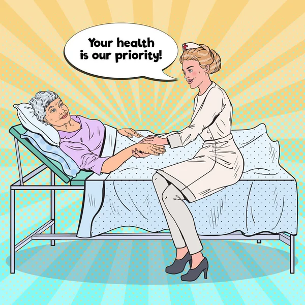 Pop Art pielęgniarka ręka starsze kobiety. Opieka zdrowotna, medycyna, Szpital — Wektor stockowy