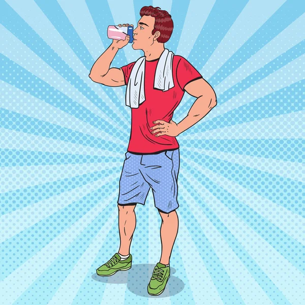 Pop Art Muscular Man Drinking Protein Shake (en inglés). Suplementos nutricionales — Archivo Imágenes Vectoriales