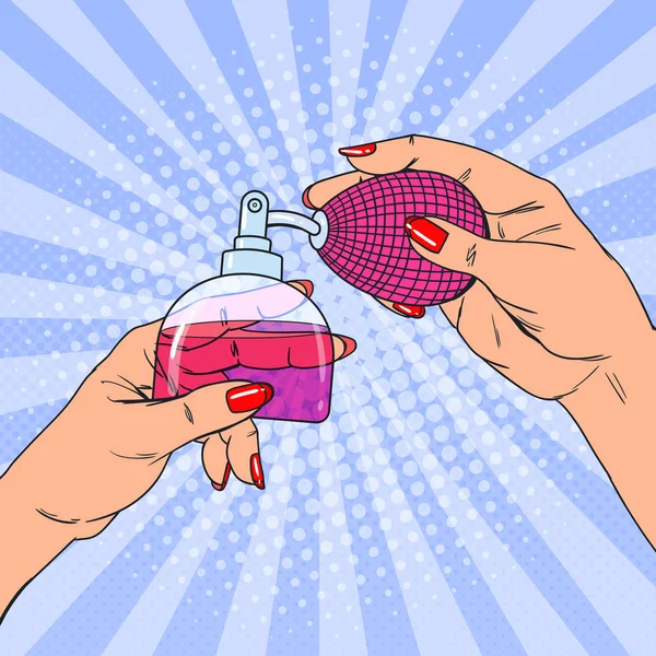 Pop-Art nő kezében tartja üveg luxus parfümök — Stock Vector