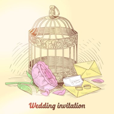 Vintage tarzı düğün davetiyesi kuş kafesi, yüzük ve çiçek ile. Romantik tebrik kartı vektör çizim