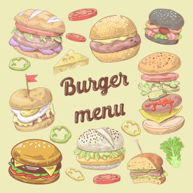 Fast Food Restoran el ile hamburger menü tasarımı çekilmiş. Broşür şablonu tasarımı. Vektör çizim