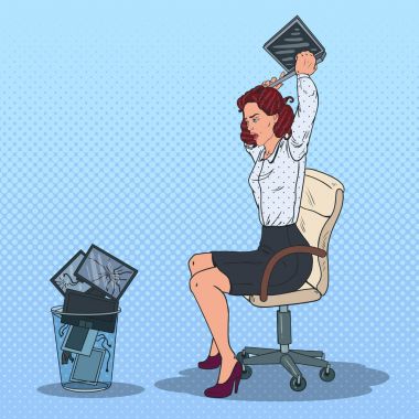 Pop Art çöp sepetine atmak Laptop iş kadını vurguladı. Öfkeli ofis çalışanı