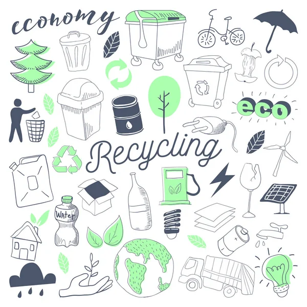 Ecologia Energia Alternativa Doodle desenhado à mão. Conjunto de Elementos de Reciclagem Eco Freehand. Ilustração vetorial —  Vetores de Stock