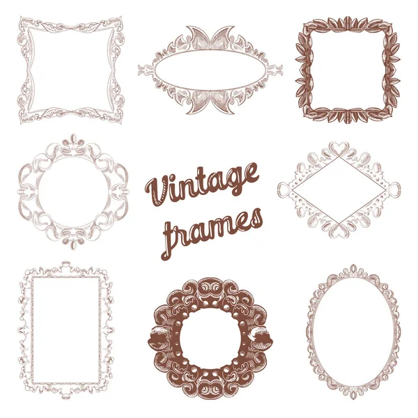 Vintage Frames Hand Drawn Set. Retro Decorative Design Elements. Vector illustration — Stock Vector