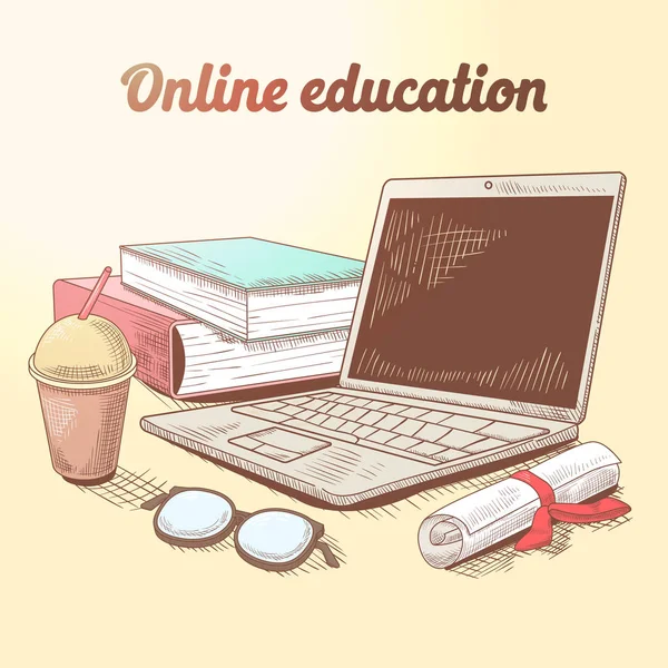 Online εκπαίδευση χέρι συρμένο έννοια. E-learning με Laptop και βιβλία. Εικονογράφηση διάνυσμα — Διανυσματικό Αρχείο