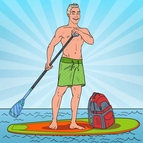 Pop Art Young Man Paddling di Stand Up Paddle Board. SUP Watersport di Laut. Ilustrasi vektor - Stok Vektor