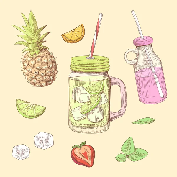 Mão desenhado fresco Verão Bebidas Doodle. Limonada e Frutas. Bebidas Orgânicas. Ilustração vetorial — Vetor de Stock