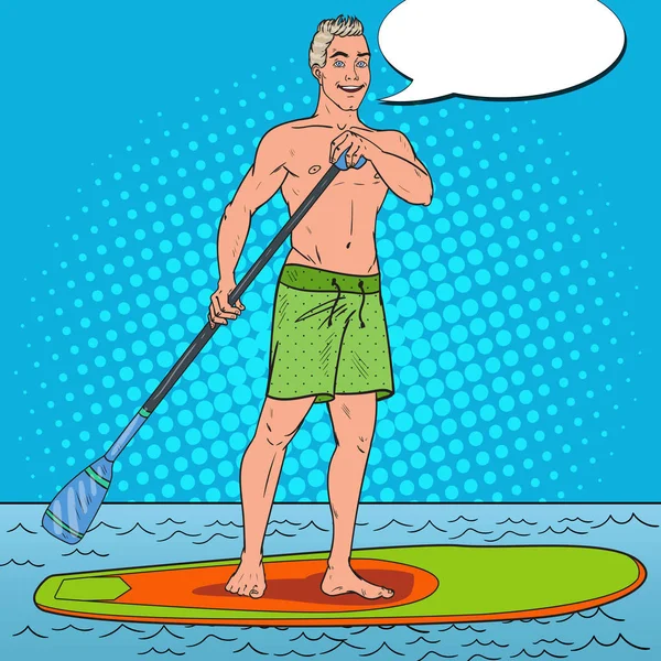 Pop Art Man Paddling em Stand Up Paddle Board. SUP Watersport no mar. Ilustração vetorial —  Vetores de Stock