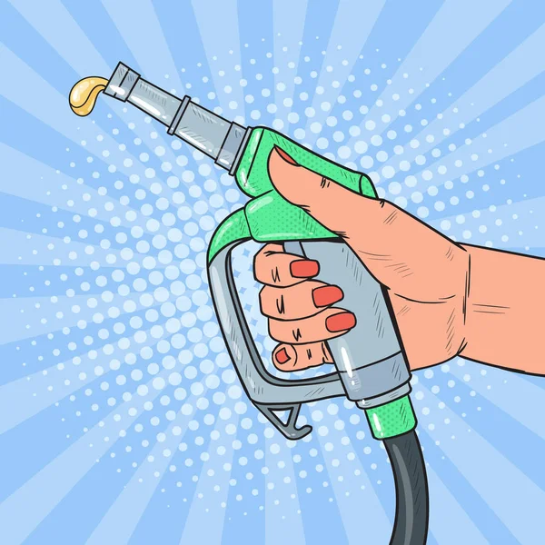 Pistola de reabastecimiento de mano de la mujer del arte pop. Gasolinera. Ilustración vectorial — Vector de stock