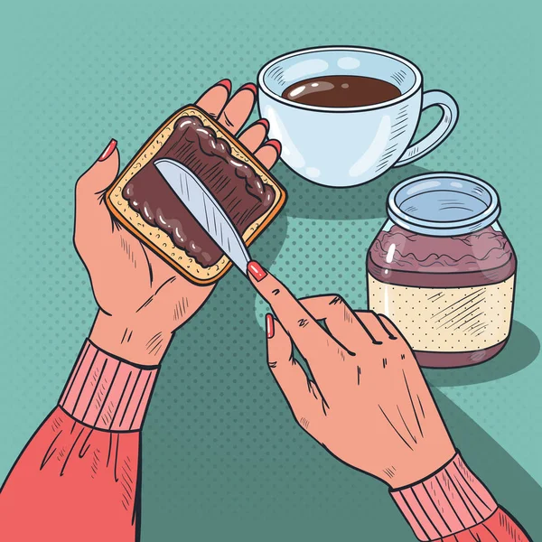 Pop Art Femme Mains écartant la crème au chocolat sur tranche de pain. Illustration vectorielle — Image vectorielle