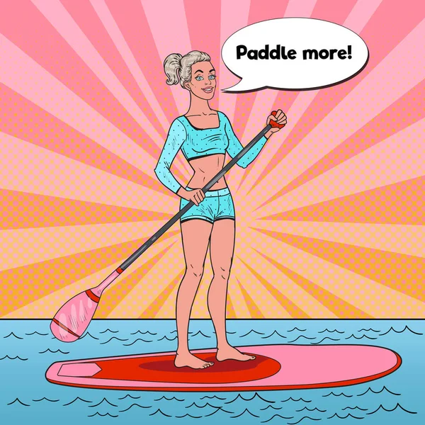 Pop Art Beautiful Woman di Stand Up Paddle Board. Perempuan Surfer di Swimsuit di SUP. Ilustrasi vektor - Stok Vektor