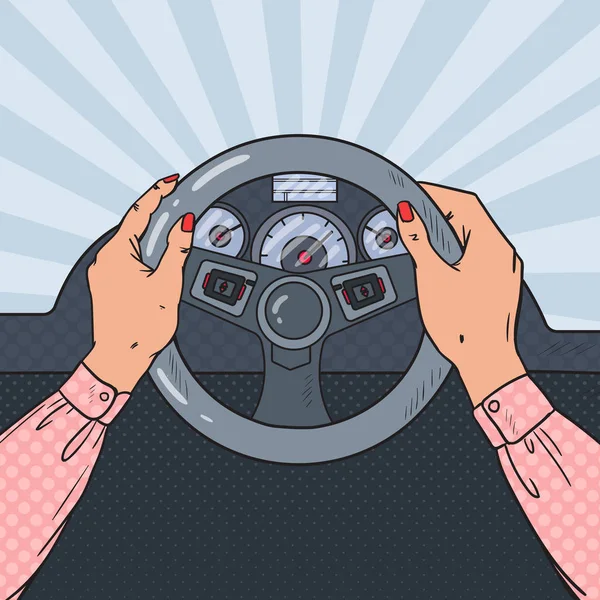 Pop Art Woman Hands on Car Wheel. Safe Driving — Stock Vector