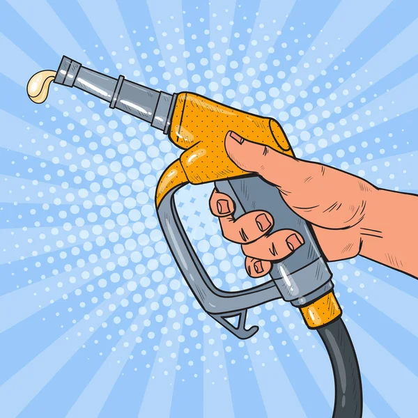 Pop Art Man Hand Holding Refueling Gun. Gas Station — Stock Vector