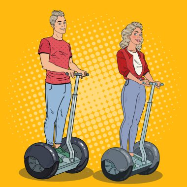 Pop art genç adam ve kadın Segway sürme. Mutlu çift kentsel ulaşım sürüş. Vektör çizim