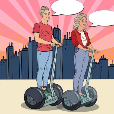Pop art genç adam ve kadın Segway şehir sürme. Kentsel ulaşım. Vektör çizim