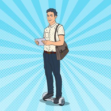 Pop sanat iş kişini Gyroscooter. Elektrik kendi kendine karşı kentsel ulaşım. Vektör çizim