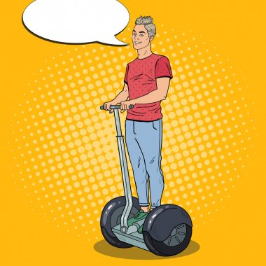 Pop Art genç sürüş Segway adam. Kentsel ulaşım. Vektör çizim