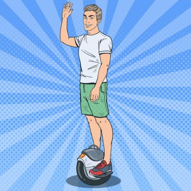 Pop Art genç sürme Solowheel adam. Elektrikli Scooter. Vektör çizim