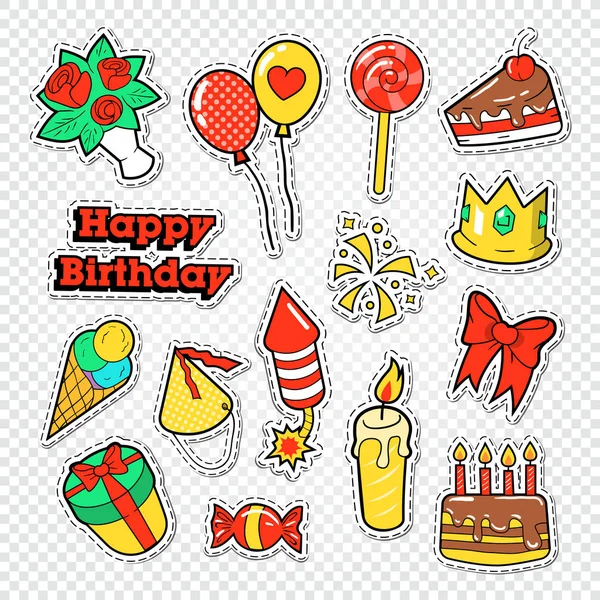 Boldog születésnapot Party matricák, kitűzők és javítások a dekoráció. Vektoros illusztráció — Stock Vector