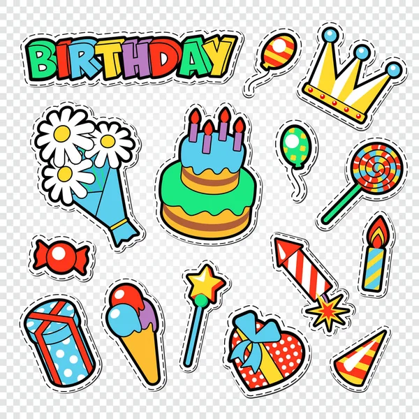 Stickers Fête d'Anniversaire Joyeux, Badges et Patchs pour Décoration. Illustration vectorielle — Image vectorielle