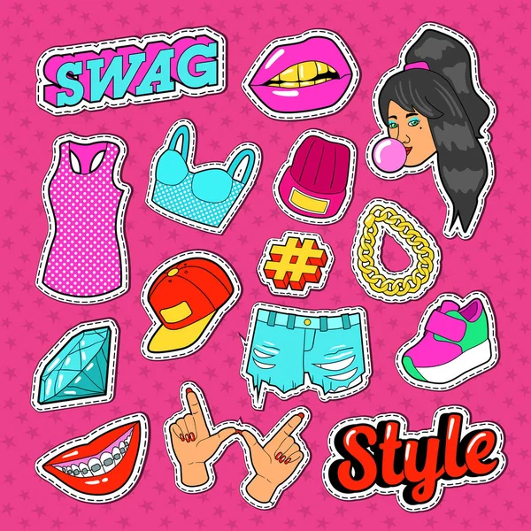 Swag Style Teenage Fashion Adesivos, emblemas e remendos com menina, mãos e roupas. Ilustração vetorial —  Vetores de Stock