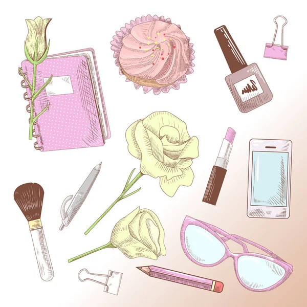 Kadın güzelliğinin el çizilmiş Doodle. Kadın moda ayarlayın. Vektör çizim