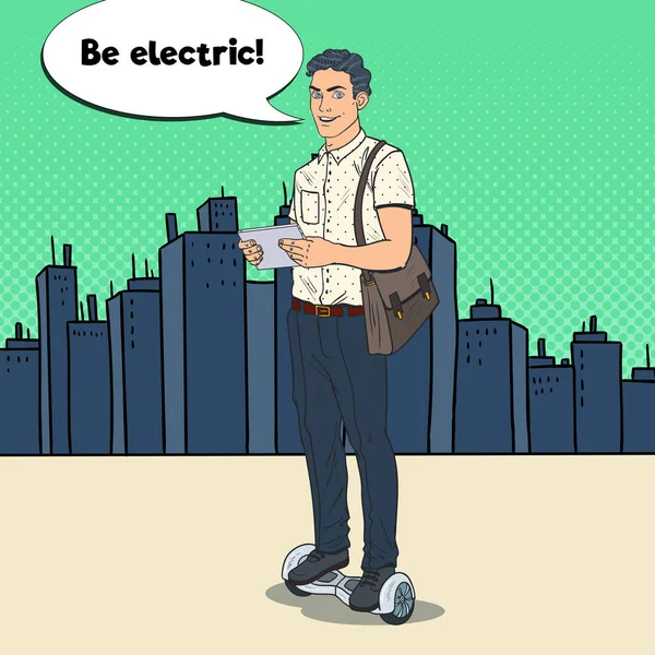 Pop Art Homem de negócios dirigindo Gyroscooter na cidade. Autoequilíbrio Elétrico Transportes Urbanos. Ilustração vetorial — Vetor de Stock