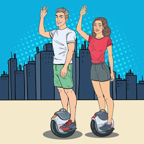 Pop Art Couple Riding Solowheel en la ciudad. Auto-Equilibrio Scooter eléctrico. Ilustración vectorial — Archivo Imágenes Vectoriales