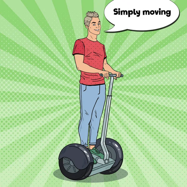 Pop Art Young Man Using Segway. Transporte urbano. Ilustración vectorial — Archivo Imágenes Vectoriales