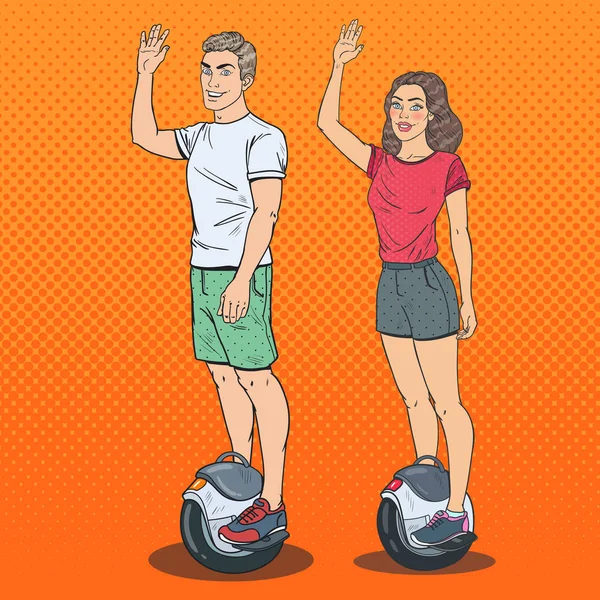 Pop Art Homme et femme chevauchant solitaire. Scooter électrique auto-équilibrant. Illustration vectorielle — Image vectorielle