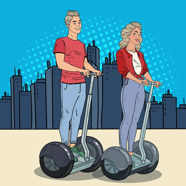 Pop Art młody mężczyzna i kobieta jazdy Segway. Szczęśliwa para jazdy komunikacji miejskiej. Ilustracja wektorowa — Wektor stockowy