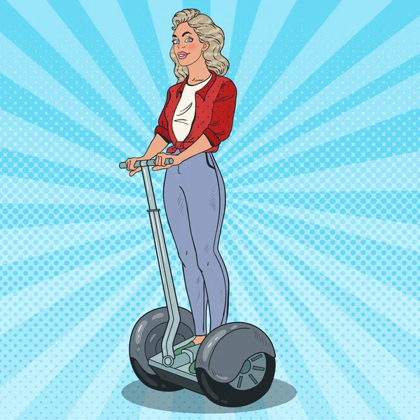 Pop Art Belle femme chevauchant Segway. Transport urbain. Illustration vectorielle — Image vectorielle