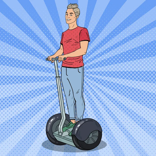 Pop Art Young Man Montando Segway. Transporte Urbano. Ilustração vetorial — Vetor de Stock