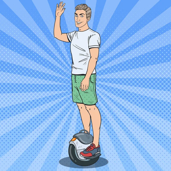 Pop Art genç sürme Solowheel adam. Elektrikli Scooter. Vektör çizim