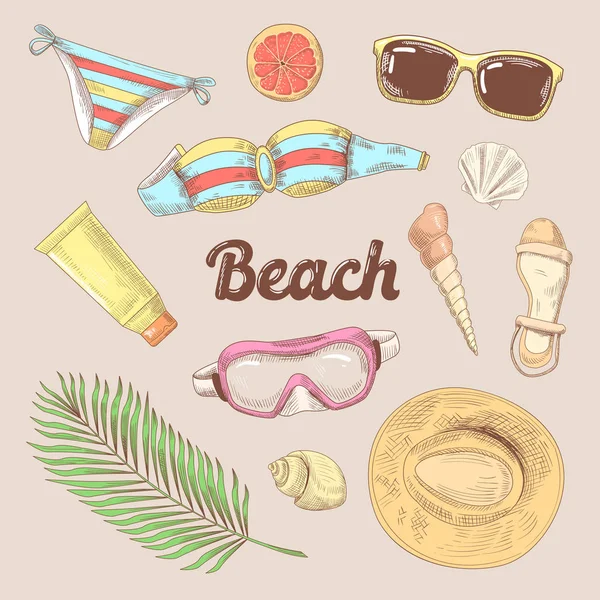 Doodle de vacaciones de playa dibujado a mano. Moda de turismo de verano. Ilustración vectorial — Vector de stock