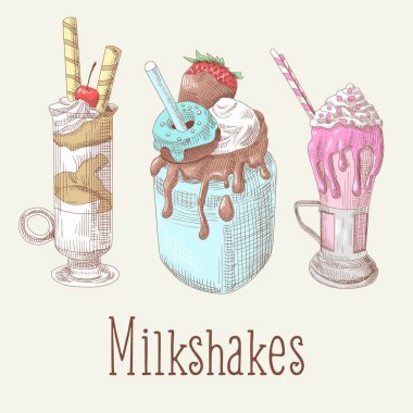 Milkshake ve dondurma elle çizilmiş Doodle. Tatlı soğuk içecekler. Vektör çizim