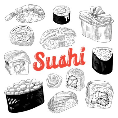 Japon yemekleri elle çizilmiş Doodle beyaz arka plan üzerinde izole. Suşi ve rulo ile pirinç ve taze balık. Vektör çizimi