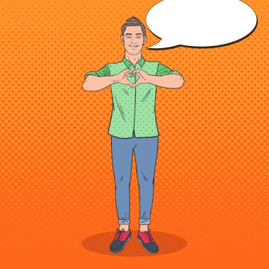 Pop Art genç gösteren kalp el işareti adam. Sevgi jest çizgi stili arka plan. Vektör çizim